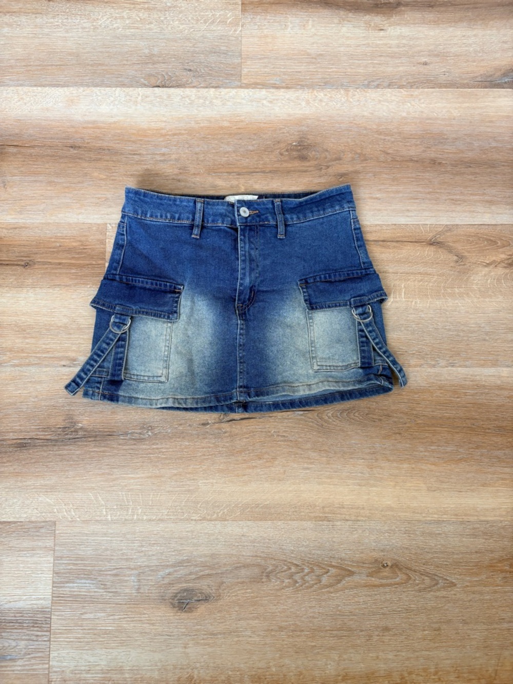 Denim Mini Skirt with Utility Pockets - Faded Blue